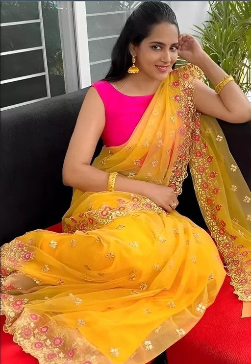 Yellow ceremonial organza saree