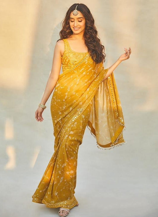 Yellow chinon silk printed paper mirror work border saree