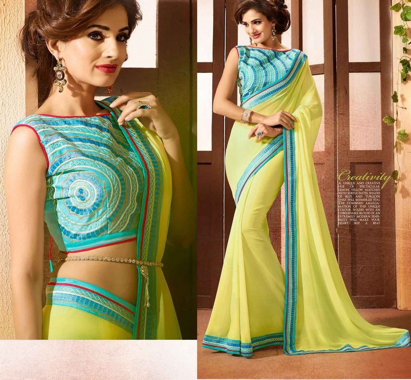 Yellow Colored Chinon Embroidered & Lace Bordered Saree Bordered