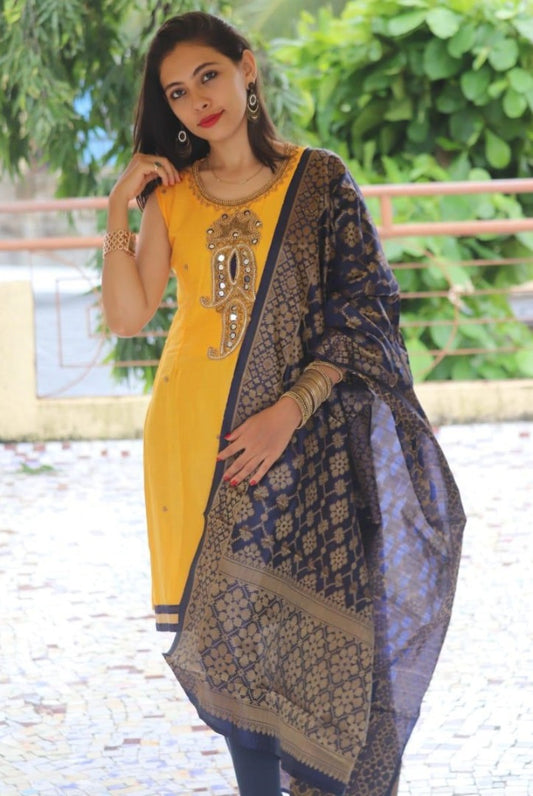 yellow cotton handworked churidar salwar suit