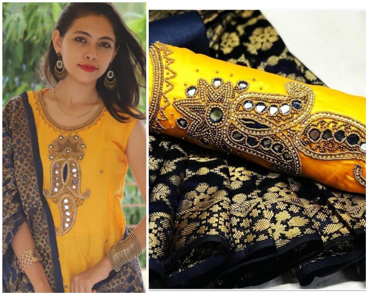 yellow cotton handworked churidar salwar suit