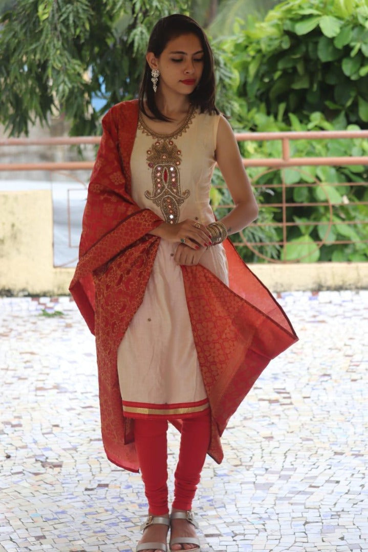 yellow cotton handworked churidar salwar suit