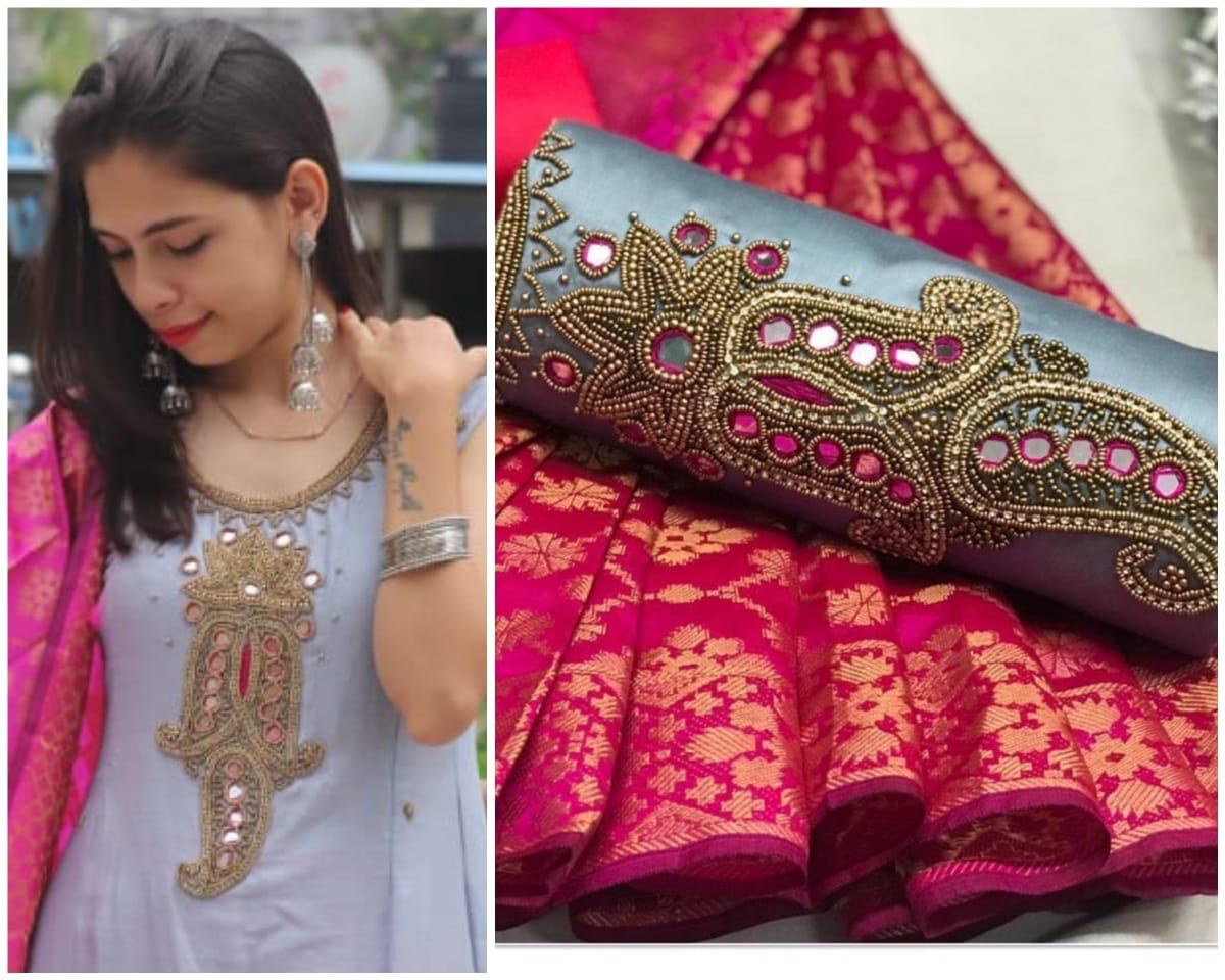 yellow cotton handworked churidar salwar suit