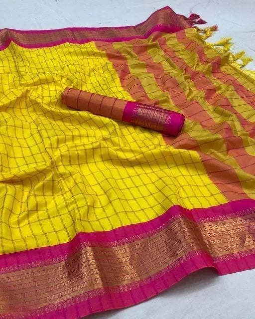 Yellow cotton jacquard border saree