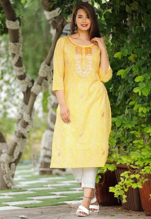 Yellow cotton lehariya printed straight kurti