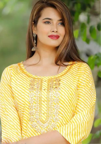 Yellow cotton lehariya printed straight kurti