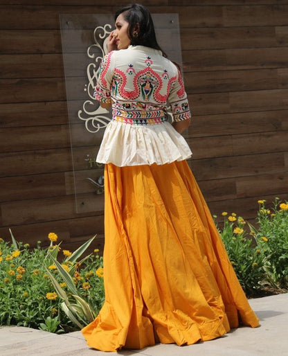 Yellow cotton lehenga with embroidery work crop top
