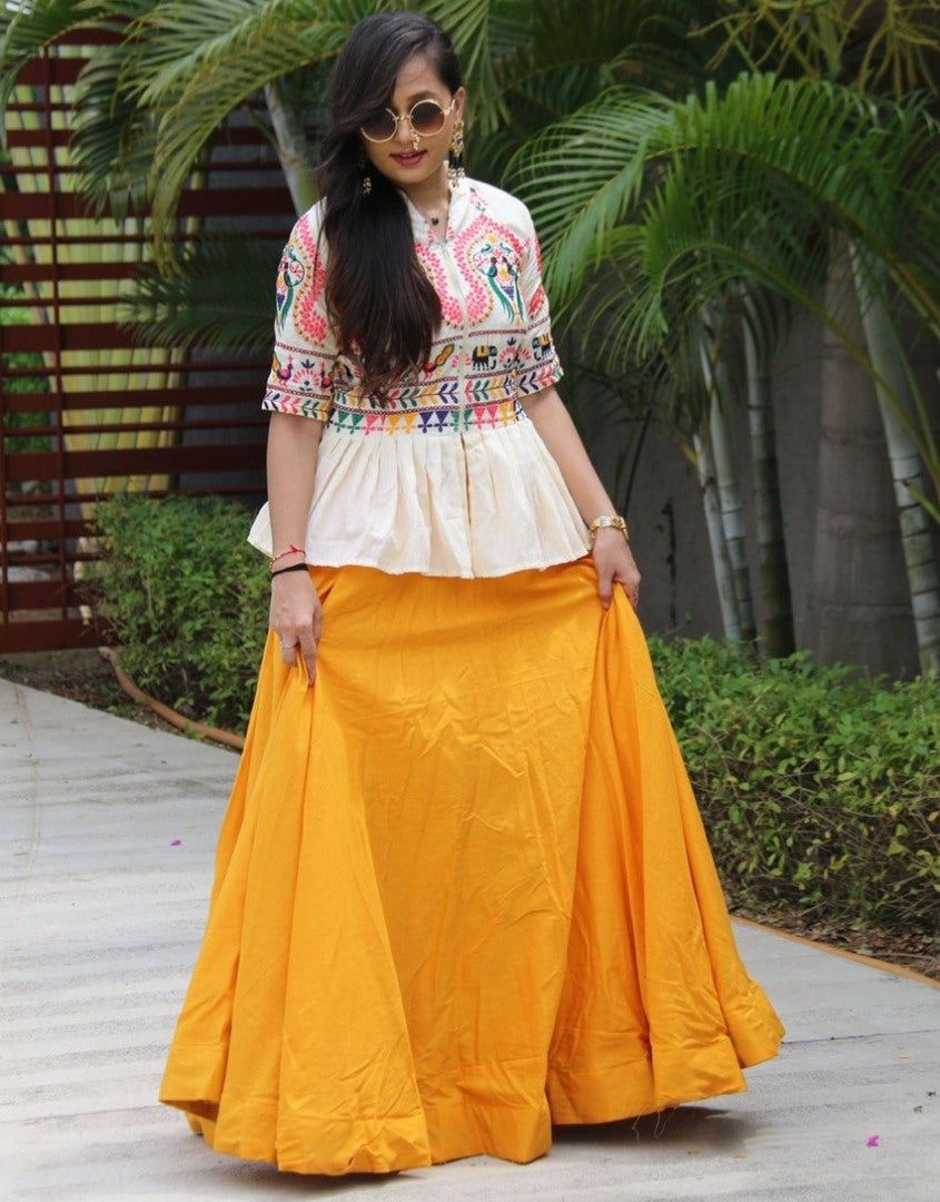 Yellow cotton lehenga with embroidery work crop top