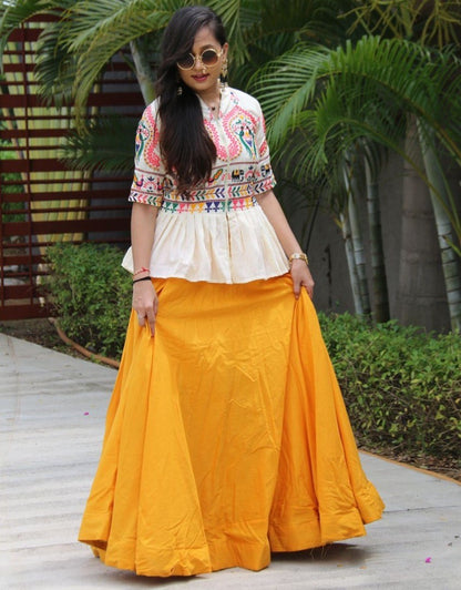 Yellow cotton lehenga with embroidery work crop top