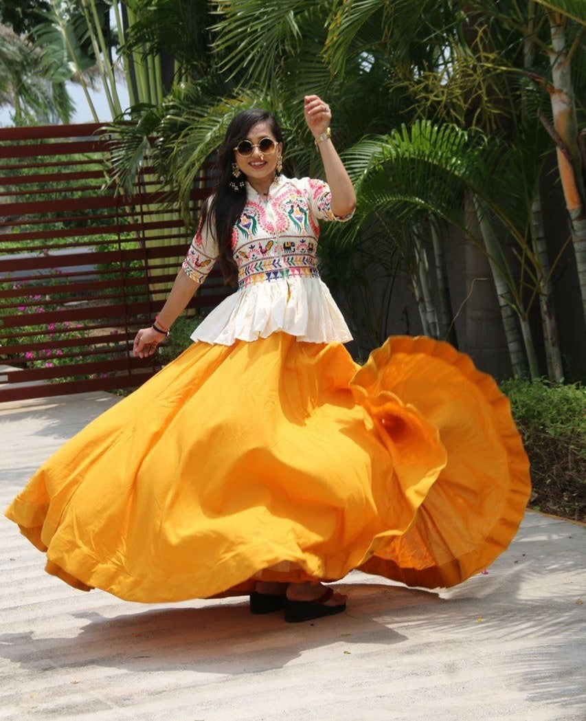 Yellow cotton lehenga with embroidery work crop top