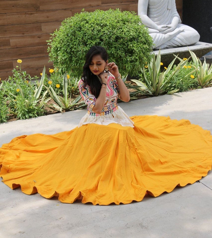 Yellow cotton lehenga with embroidery work crop top