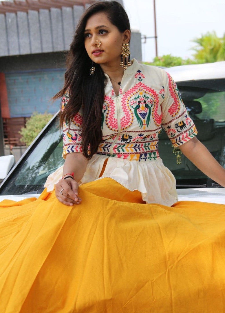 Yellow cotton lehenga with embroidery work crop top