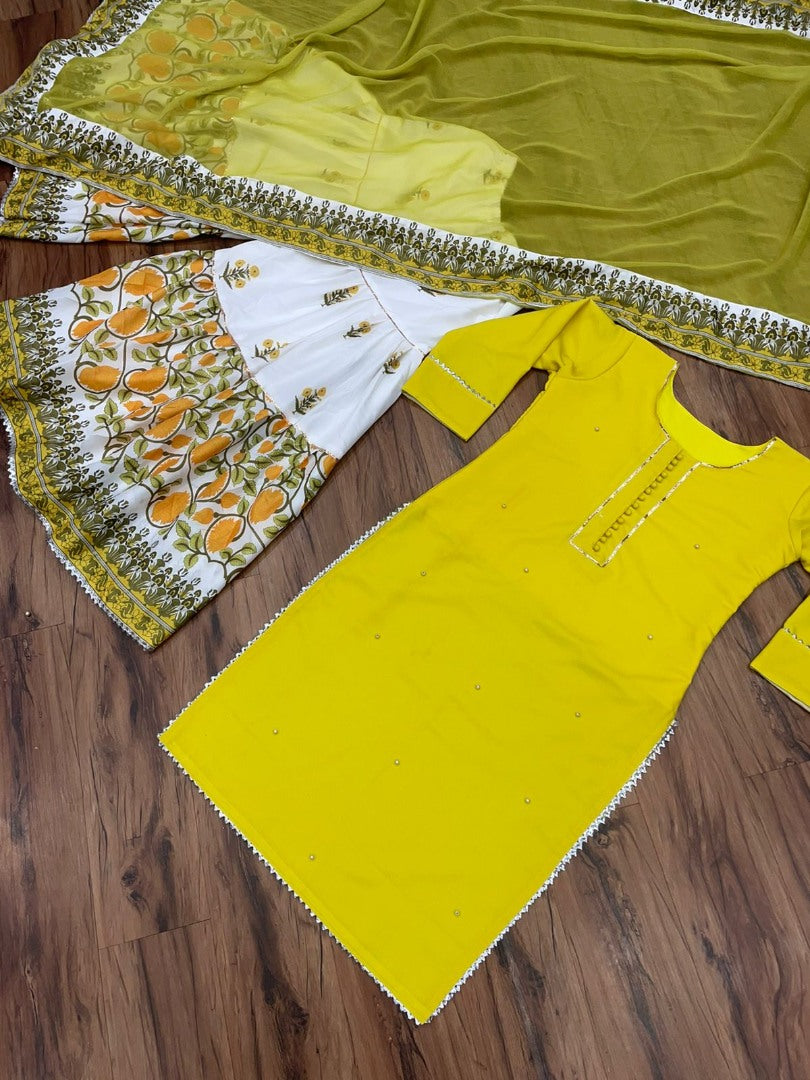 Yellow cotton moti work and printed sharara suit