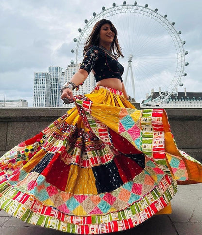 Yellow cotton print and mirror work gujarati garba navratri lehenga chaniya choli