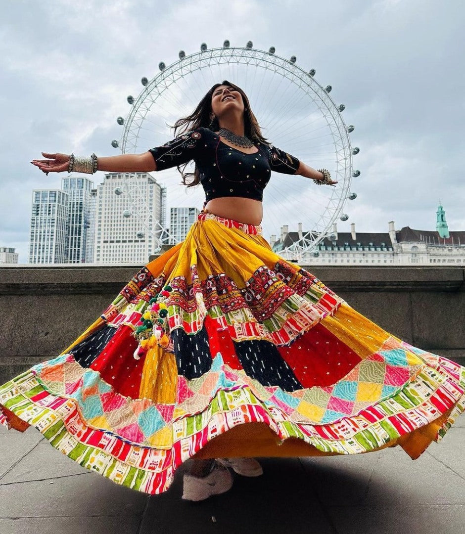 Yellow cotton print and mirror work gujarati garba navratri lehenga chaniya choli