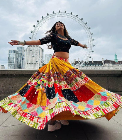 Yellow cotton print and mirror work gujarati garba navratri lehenga chaniya choli