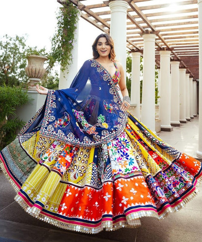 Yellow cotton print mirror work gujarati garba navratri lehenga chaniya choli