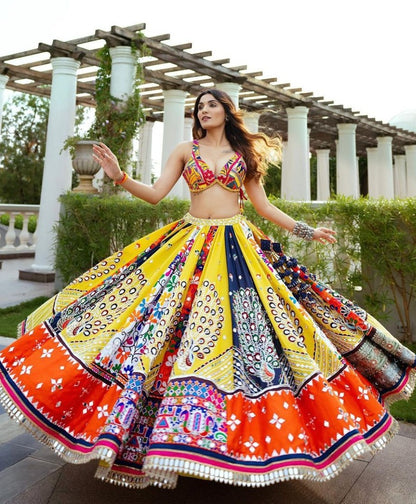 Yellow cotton print mirror work gujarati garba navratri lehenga chaniya choli