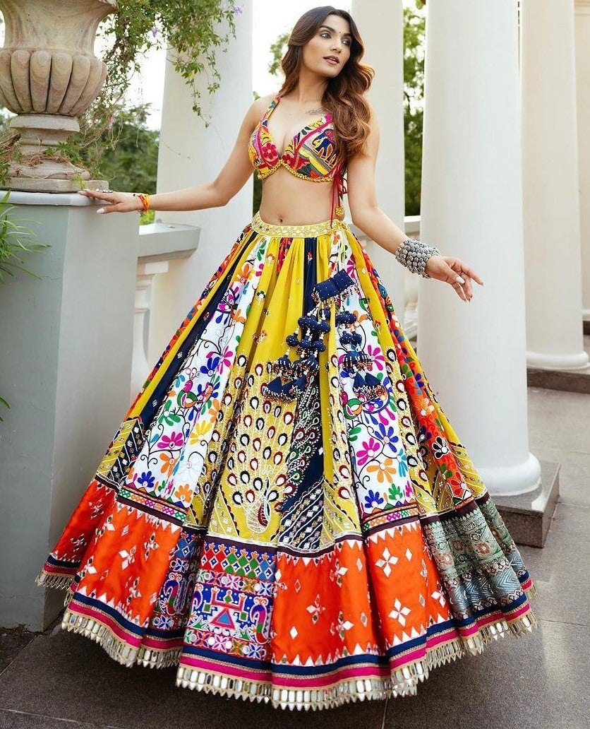 Yellow cotton print mirror work gujarati garba navratri lehenga chaniya choli