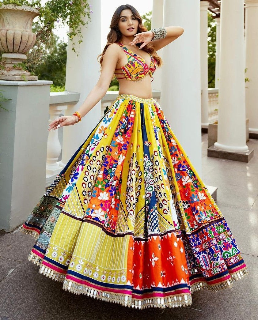 Yellow cotton print mirror work gujarati garba navratri lehenga chaniya choli