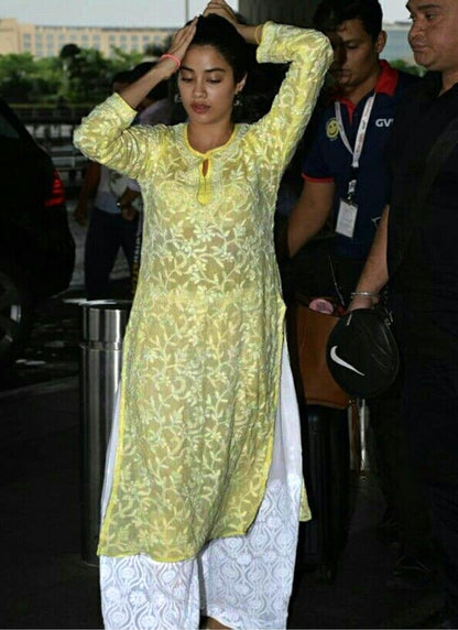 Yellow cotton thread embroidered plazzo kurti