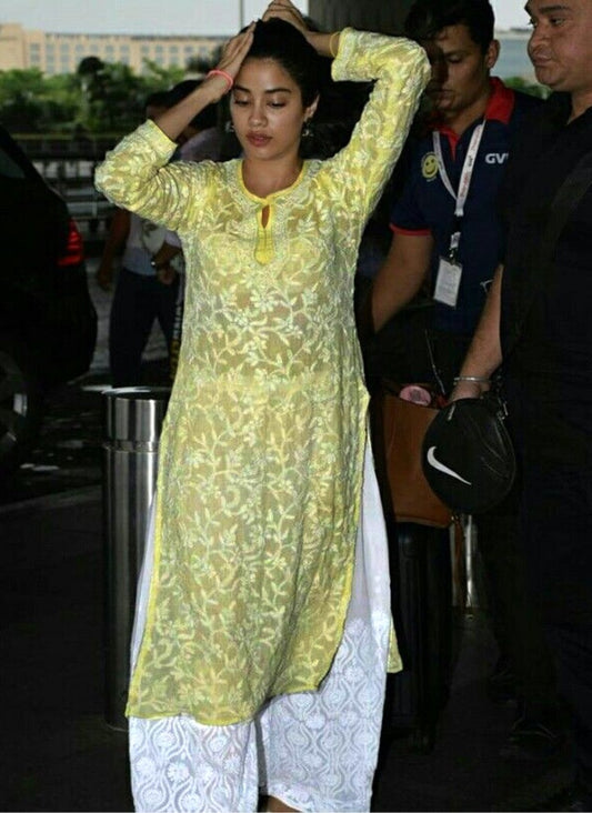 Yellow cotton thread embroidered plazzo kurti