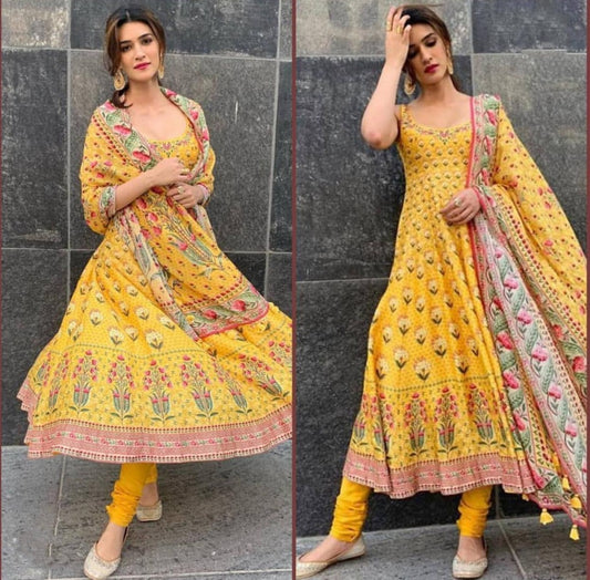 Yellow crepe digital printed anarkali suit