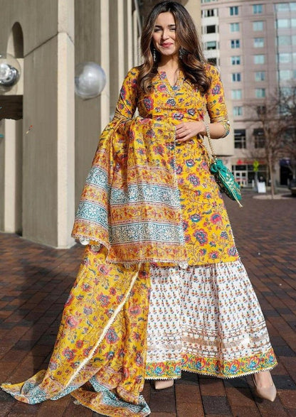 Yellow crepe silk digital floral printed work party wear plazzo suit