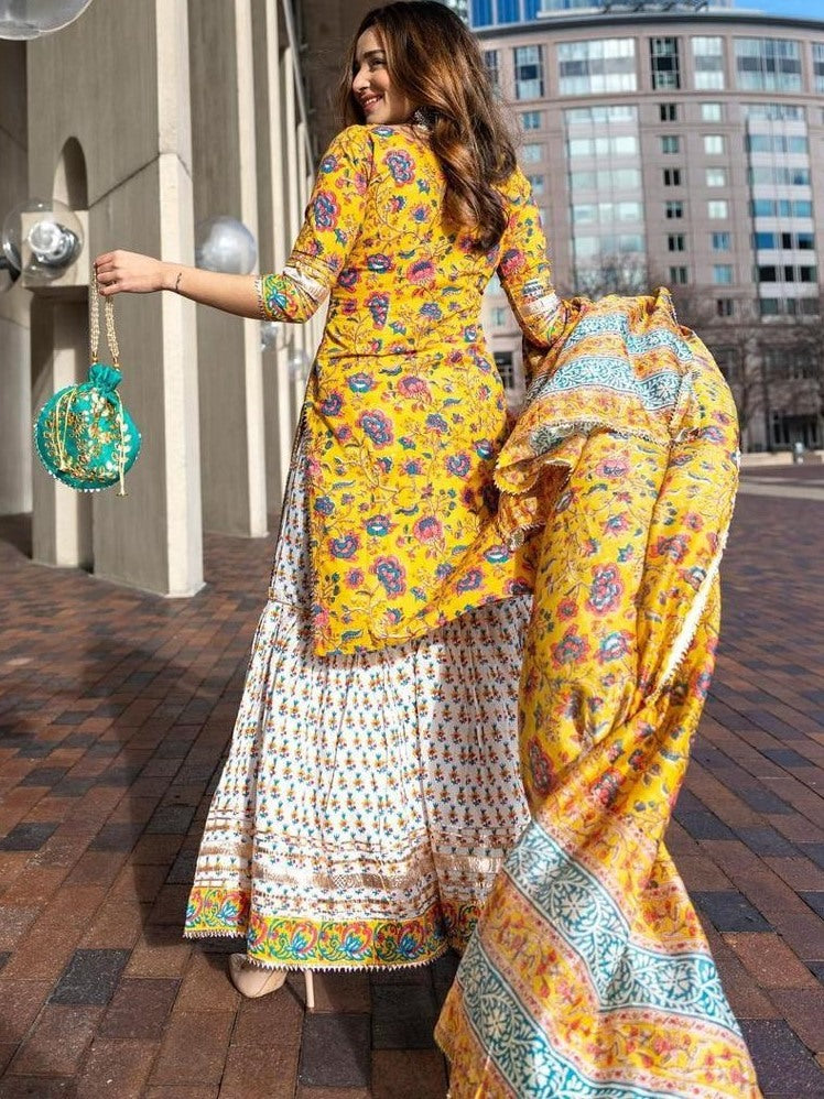 Yellow crepe silk digital floral printed work party wear plazzo suit