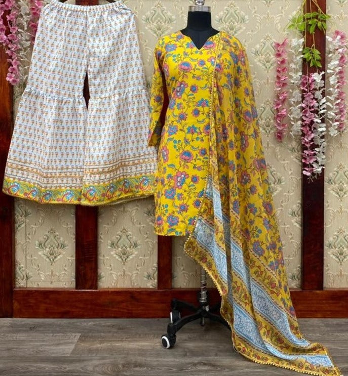 Yellow crepe silk digital floral printed work party wear plazzo suit