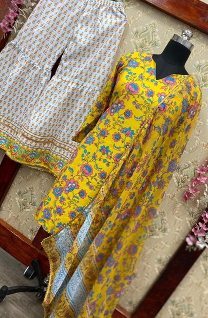 Yellow crepe silk digital floral printed work party wear plazzo suit
