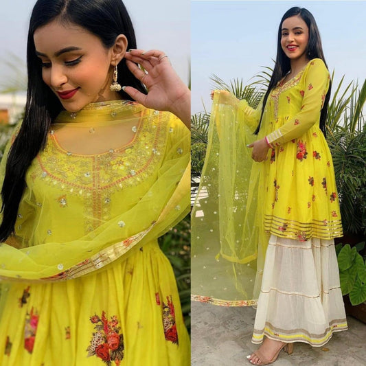 Yellow crepe silk digital printed thread and paper work sharara suit