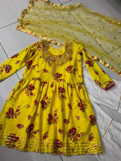 Yellow crepe silk digital printed thread and paper work sharara suit