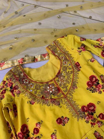 Yellow crepe silk digital printed thread and paper work sharara suit