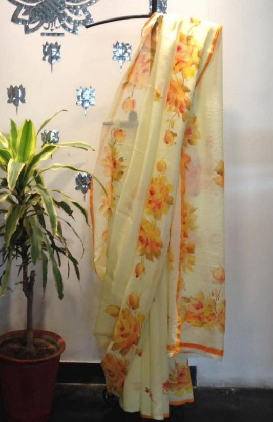 Yellow digital flower print saree