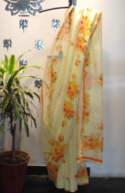 Yellow digital flower print saree