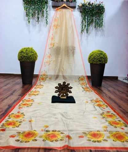 Yellow digital flower print saree