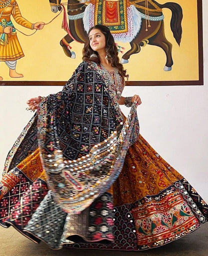 Yellow digital print and mirror work navratri festival lehenga choli
