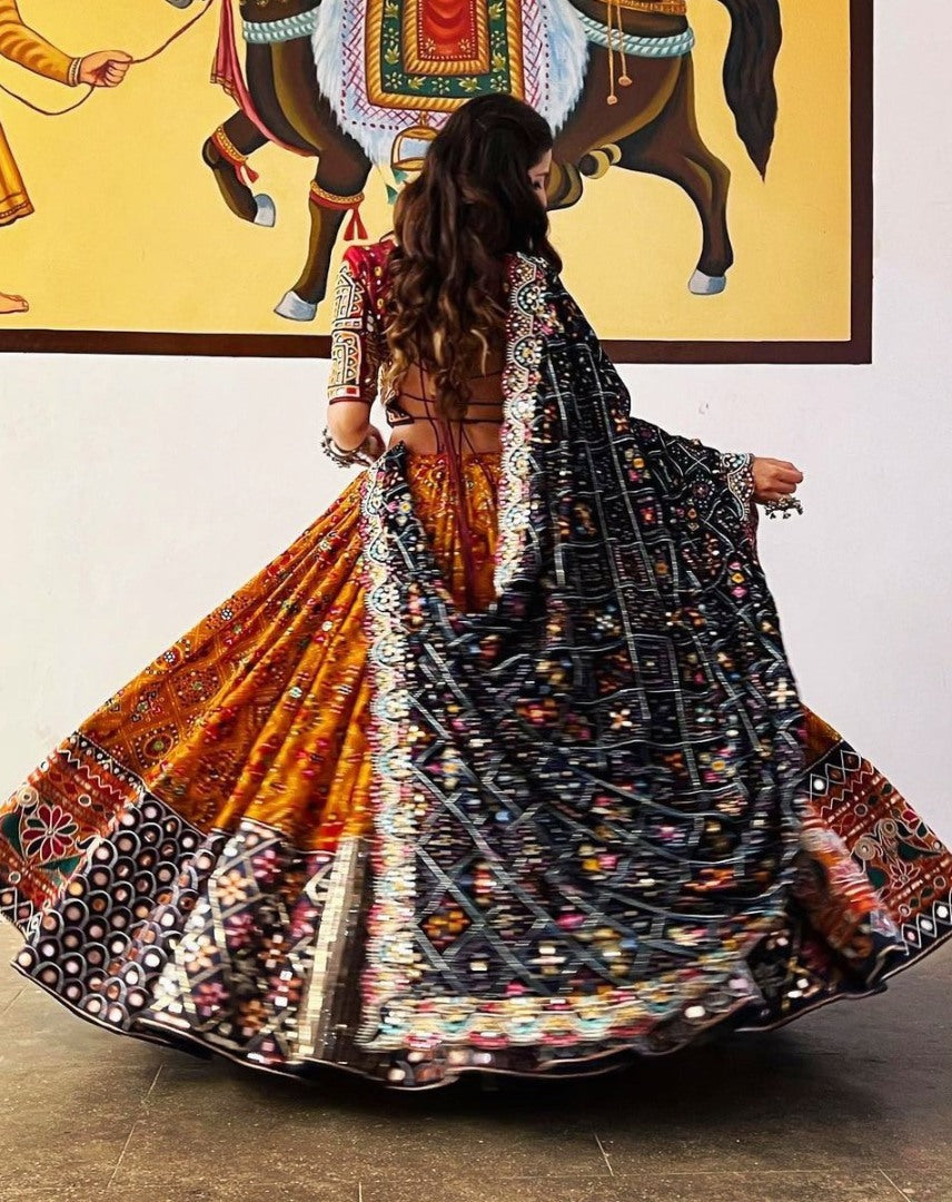 Yellow digital print and mirror work navratri festival lehenga choli