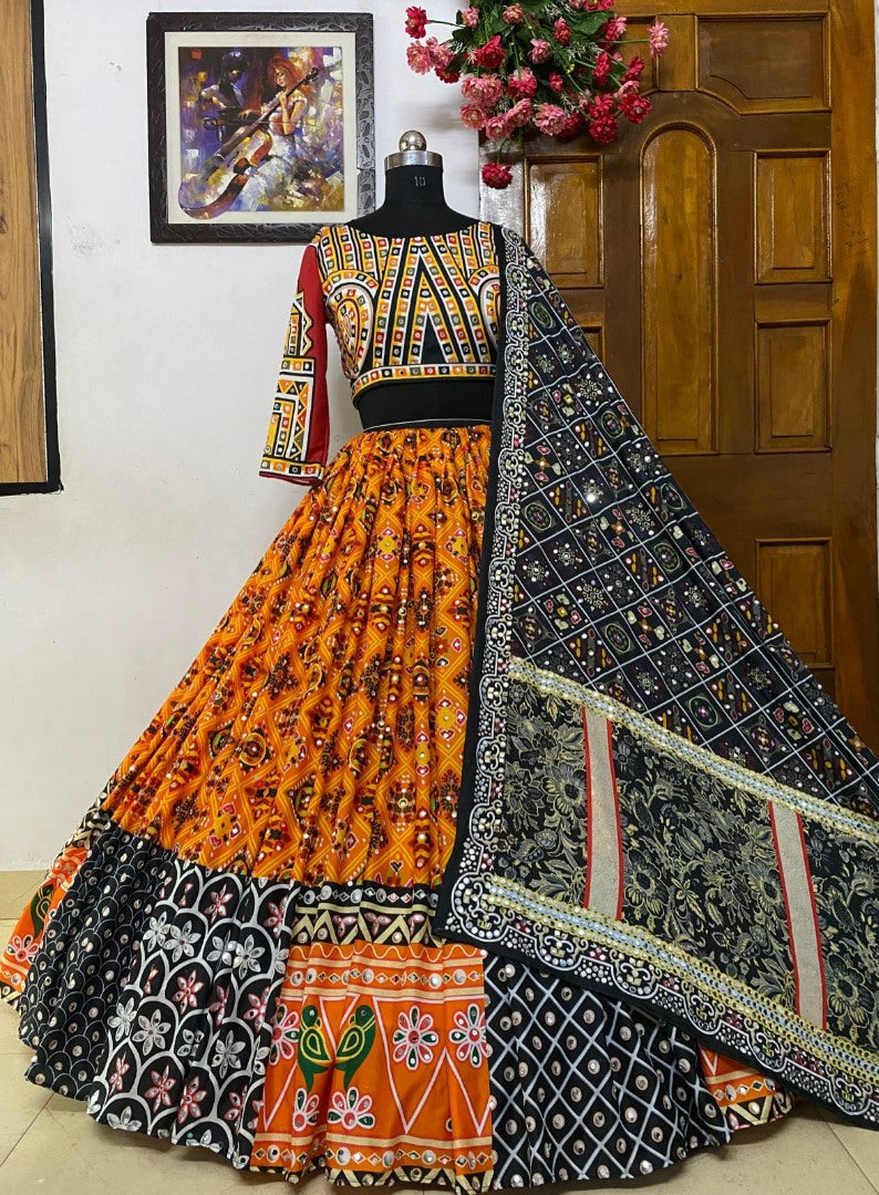 Yellow digital print and mirror work navratri festival lehenga choli