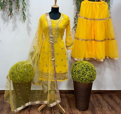 Yellow embroidered sharara salwar suit