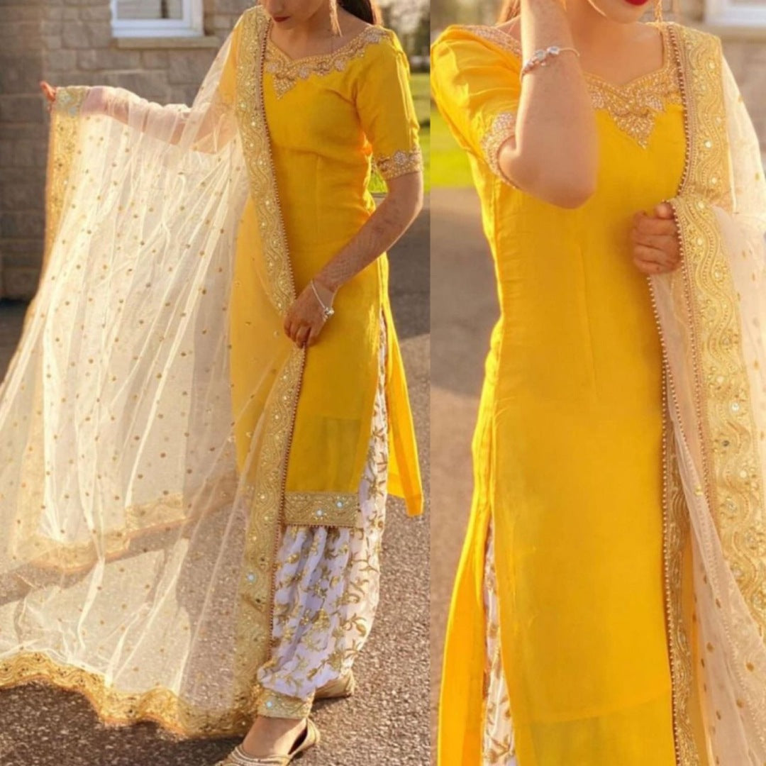 Yellow fancy thred and sequence work punjabi suit for haldi ceremony