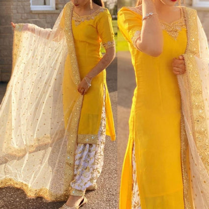Yellow fancy thred and sequence work punjabi suit for haldi ceremony
