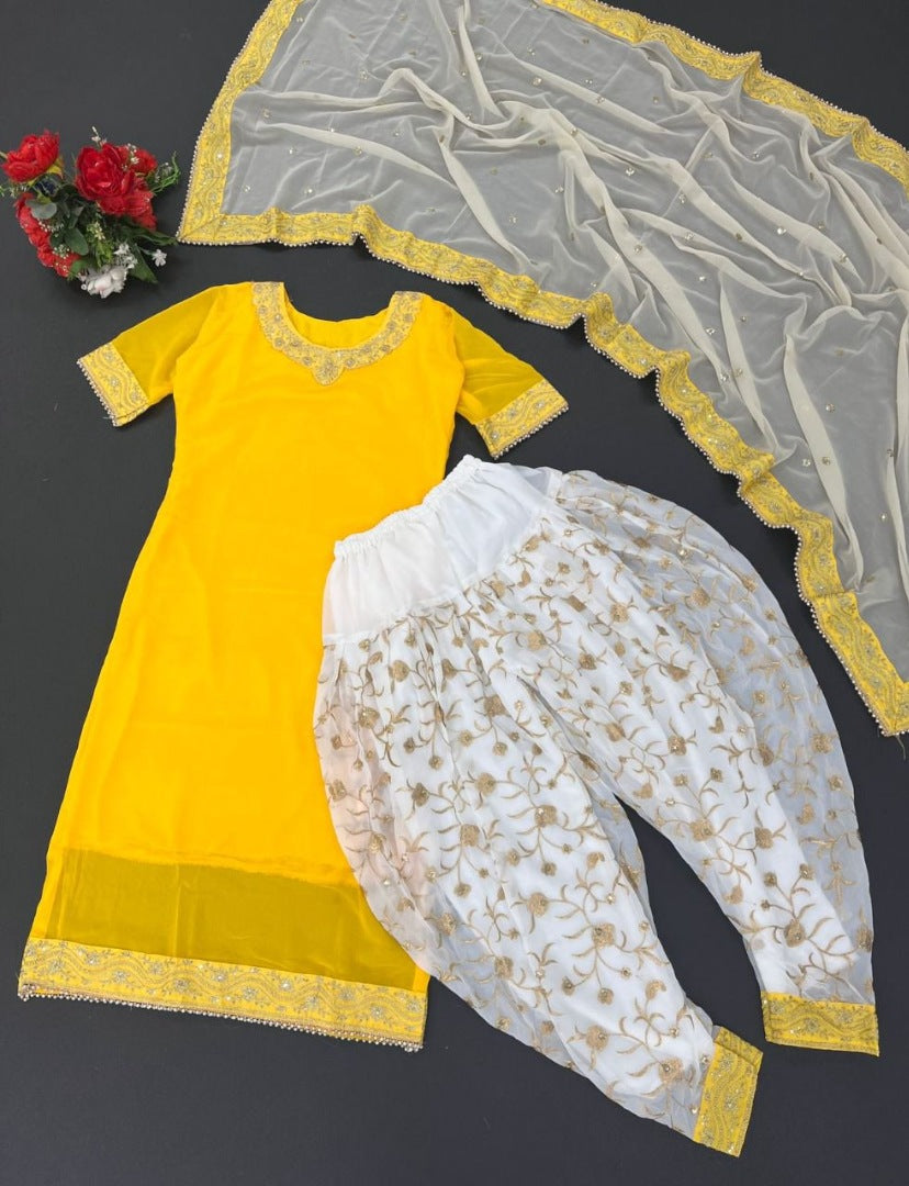 Yellow fancy thred and sequence work punjabi suit for haldi ceremony