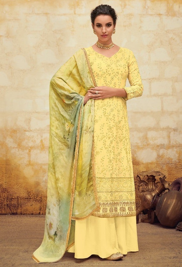 Yellow faux georgette embroidered designer salwar suit