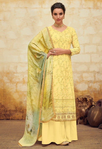 Yellow faux georgette embroidered designer salwar suit