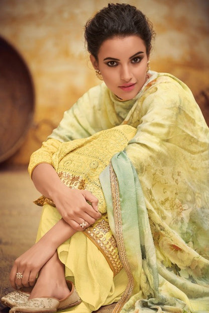 Yellow faux georgette embroidered designer salwar suit
