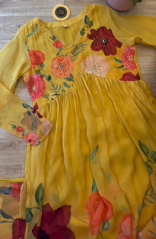 Yellow floral print alia cut suit