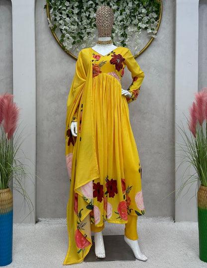 Yellow floral print alia cut suit
