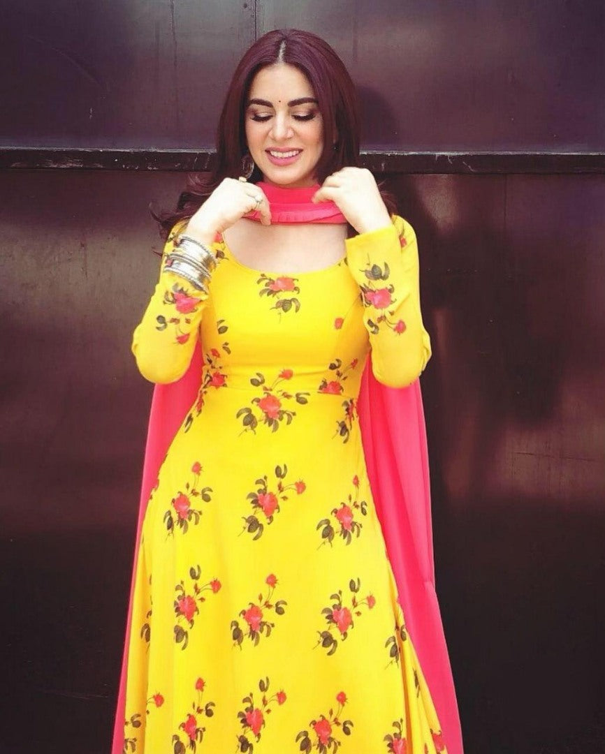 yellow floral printed anarkali suit
